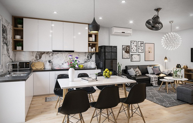 Phòng khách liền bếp cùng tông màu 3 co nen xay phong khach lien bep mt