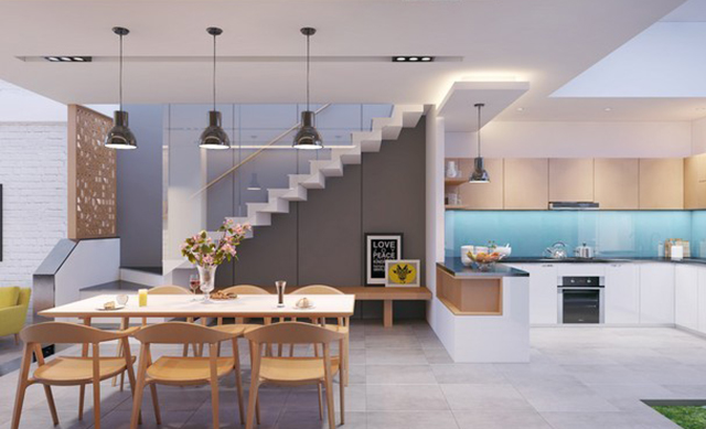 Phòng khách liền bếp cùng tông màu 4 co nen xay phong khach lien bep kb